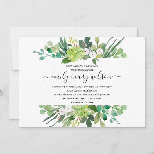 INVITATION COURONNE DE FEUILLAGE SUCCULENT AQUARELLE BABY SHO (Devant)