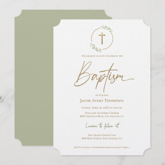 Invitation Couronne de feuilles moderne croix dorée baptême (Devant / Derrière)