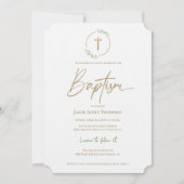Invitation Couronne de feuilles moderne croix dorée baptême (Devant)