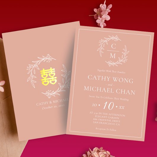 Invitation Couronne de feuilles rose poussiéreuse boho modern
