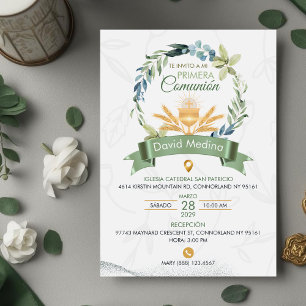 Invitation Couronne de feuilles vertes Première Sainte Commun