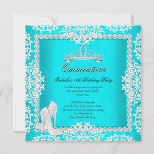 Invitation Couronne de Fille de 15 Ans Aqua Quinceanera Talon