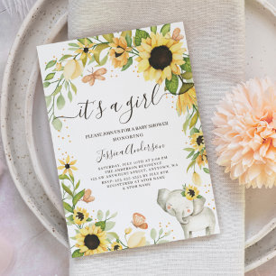 Invitation Couronne de Fille Tournesol Éléphant Baby Shower