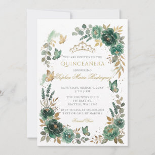 Invitation Couronne de Fleur Papillon Émeraude Or Quinceañera