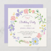 Invitation Couronne de fleur pastel avec papillons (Devant / Derrière)