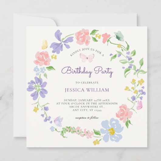 Invitation Couronne de fleur pastel avec papillons (Devant)
