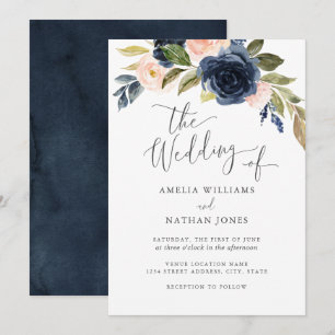 Invitation Couronne de fleurs à l'aquarelle bleu marine et ro