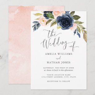 Invitation Couronne de fleurs à l'aquarelle Navy Blush pour m