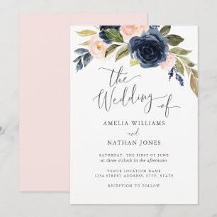 Invitation Couronne de fleurs aquarelle Navy Blush Mariage