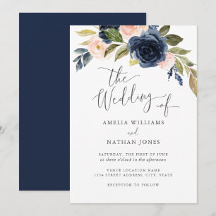 Invitation Couronne de fleurs aquarelle rose Navy Mariage