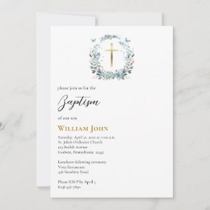 Invitation Couronne de fleurs bleues papillons Baptême orthod