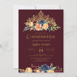 Invitation Couronne de Fleurs Burgundy Navy pour Quinceañera