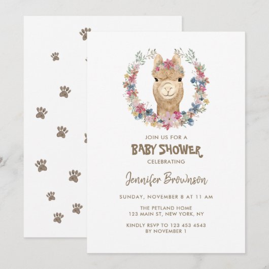 Invitation Couronne de fleurs d'alpaca pour Baby Shower chien (Devant / Derrière)