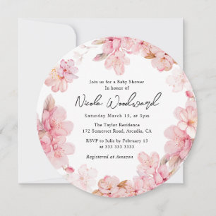 Invitation Couronne de fleurs de cerisier rose aquarelle Baby