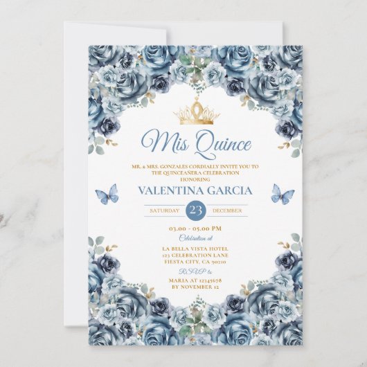 Invitation Couronne de fleurs de Dusty Blue Quinceañera 15 An (Devant)