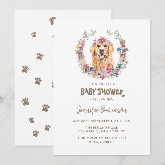 Invitation Couronne de fleurs de Golden Retriever Fête bébé c (Devant / Derrière)