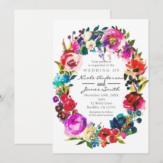 Invitation Couronne de fleurs de mariage à l'aquarelle de cou (Devant / Derrière)