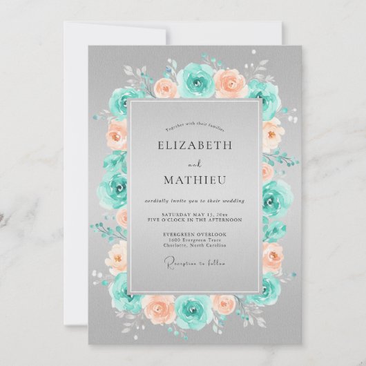 Invitation Couronne de fleurs de mariage corail sarcelle (Devant)