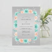 Invitation Couronne de fleurs de mariage corail sarcelle (Debout devant)