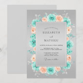 Invitation Couronne de fleurs de mariage corail sarcelle (Devant / Derrière)