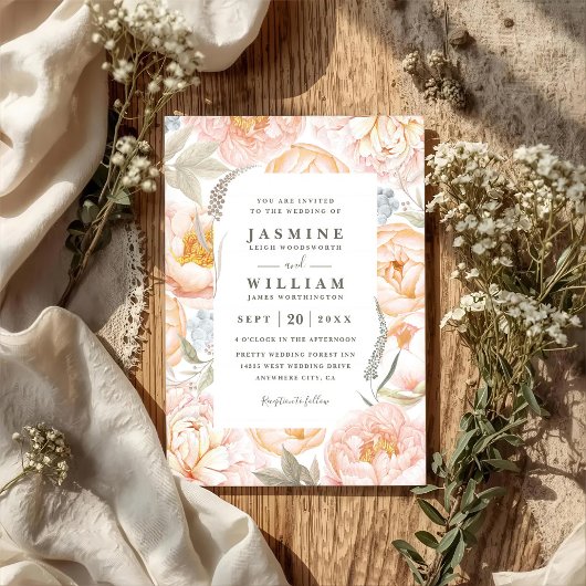 Invitation Couronne de fleurs de pêche Boho Code QR Mariage