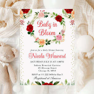 Invitation Couronne de fleurs de roses rouges et oranges Baby