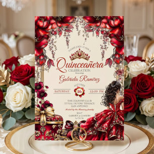 Invitation Couronne de fleurs de Tiara dorée crème et rouge p