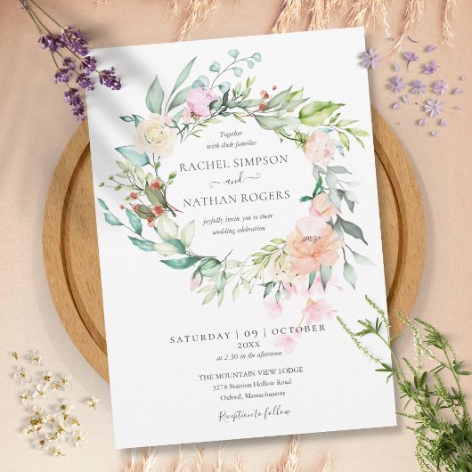 Invitation Couronne de fleurs de verdure de roses Mariage