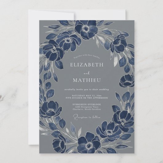 Invitation Couronne de fleurs délicate de mariage Navy (Devant)