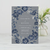 Invitation Couronne de fleurs délicate de mariage Navy (Debout devant)