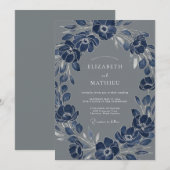 Invitation Couronne de fleurs délicate de mariage Navy (Devant / Derrière)