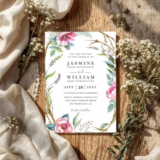 Invitation Couronne de fleurs des bois Rustique Code QR Maria