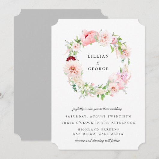 Invitation Couronne de fleurs mariage Elégant Blush (Devant / Derrière)