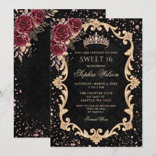 Invitation Couronne de fleurs noires roses rouges or Sweet 16
