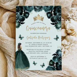 Invitation Couronne de Fleurs Or Vert Émeraude Quinceañera Pr