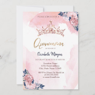 Invitation Couronne de fleurs pailletées or rose chic pour Qu