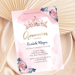 Invitation Couronne de fleurs pailletées or rose chic pour Qu