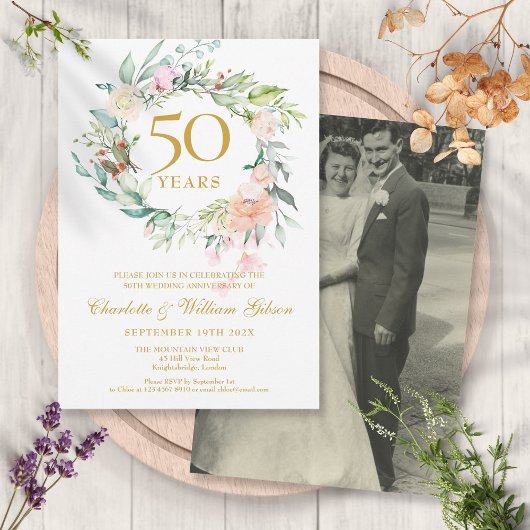 Invitation Couronne de fleurs pour photo de mariage 50e anniv