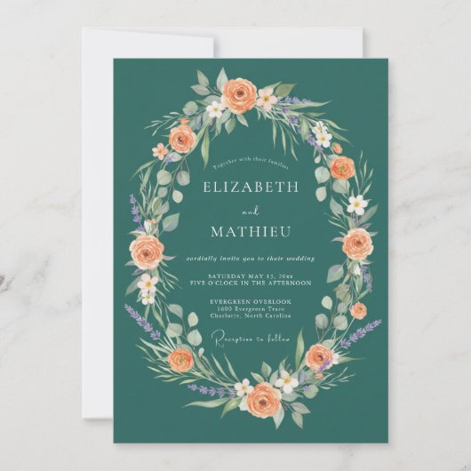 Invitation Couronne de Fleurs Romance Mariage Sarcelle (Devant)