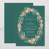 Invitation Couronne de Fleurs Romance Mariage Sarcelle (Devant / Derrière)