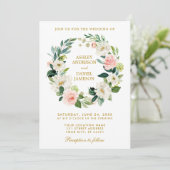 Invitation Couronne de fleurs rose blanc or photo mariage (Debout devant)