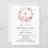 Invitation Couronne de fleurs rose en ruban croisé pour fille (Devant)