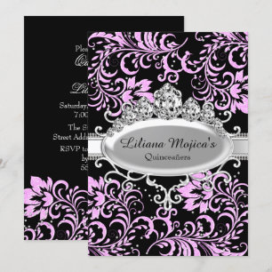 Invitation Couronne de fleurs rose et noir avec paillettes po