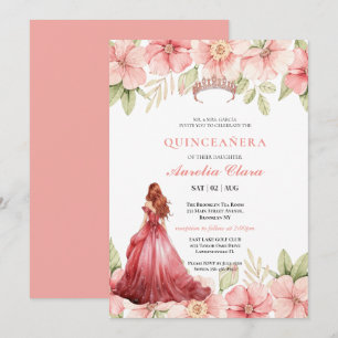 Invitation Couronne de fleurs rose poudrée papillon Quinceañe