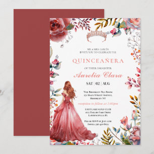 Invitation Couronne de fleurs rose poudrée papillon Quinceañe