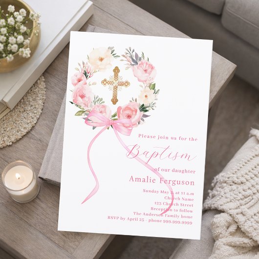Invitation Couronne de fleurs roses et arc pour fille baptême