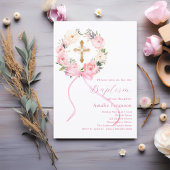 Invitation Couronne de fleurs roses et arc pour fille baptême