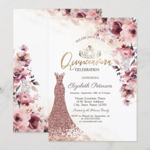Invitation Couronne de fleurs roses et diamants robe Quinceañ
