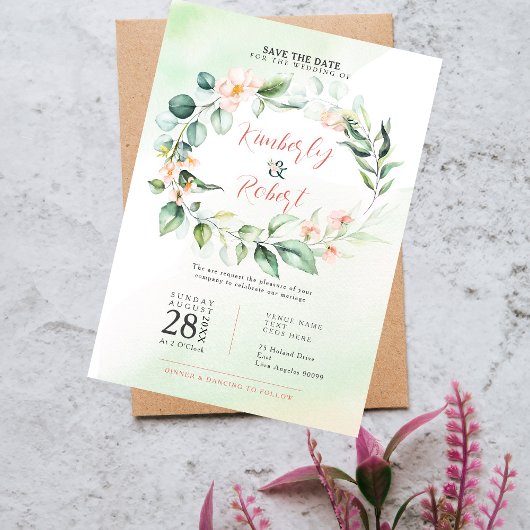 Invitation Couronne de fleurs roses et feuilles d'eucalyptus 