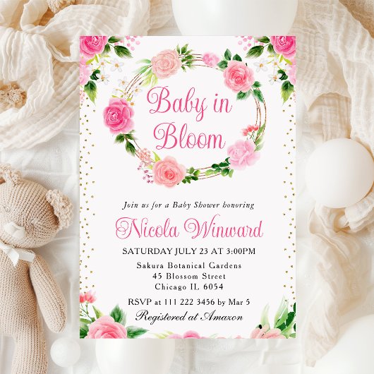 Invitation Couronne de fleurs roses roses bébé
